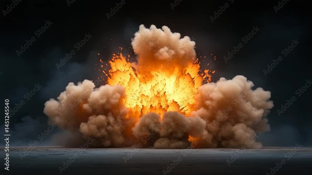 Poster dramatic explosion with bright orange core surrounded by billowing smoke against a dark backdrop. th
