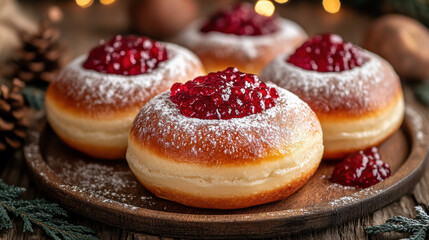 Fototapeta premium Fluffy donuts topped with vibrant red jam and dusted with powdered sugar sit on wooden plate, creating cozy and inviting atmosphere