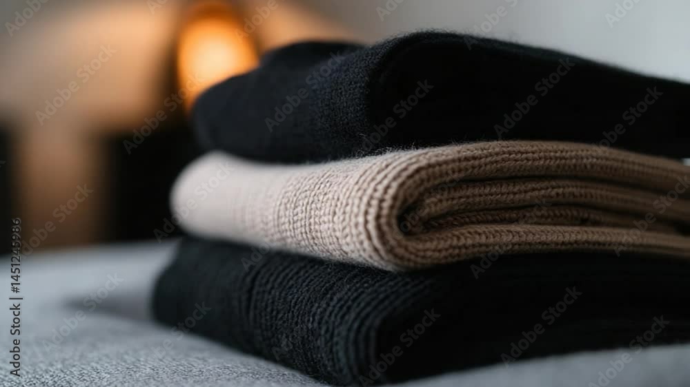 Fototapete close-up shot showcasing a stack of folded knitwear in a neutral color palette of black and beige on