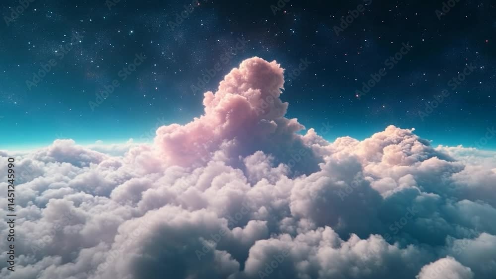 Aufkleber a view of cumulus clouds with a central pink formation under a starry blue sky creating a serene atm
