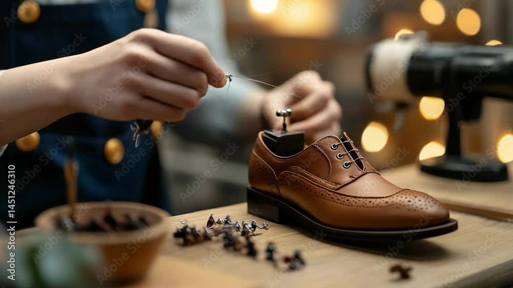 Poster Hands of a person working with needle and thread crafting a brown leather shoe on wooden surface with tools and blurred bokeh background