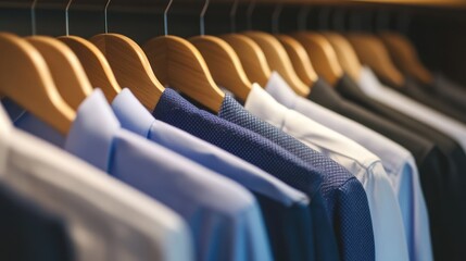 Row of neatly hanging shirts on wooden hangers, showcasing an organized wardrobe