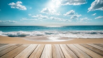 Fototapeta premium Bright Sunny Beach Scene with Blue Ocean and Wooden Planks