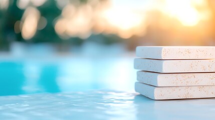 Stack of Beige Stone Tiles on Sunlit Poolside Paving