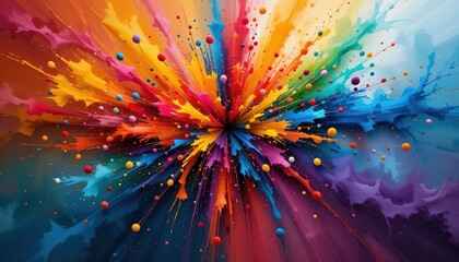 Vibrant explosion of colorful paint splatters and spheres emanat