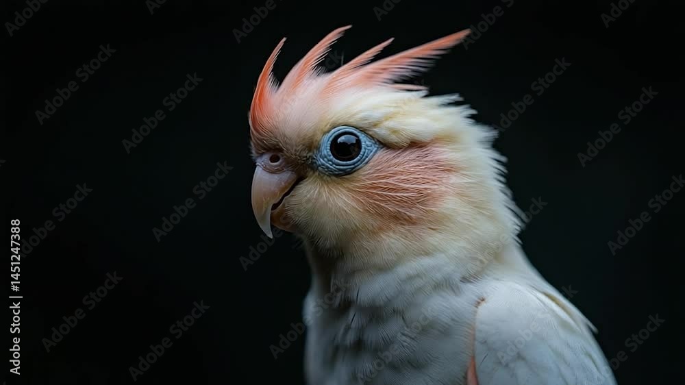 Poster detailed portrait of a bird with peach and white feathers against a dark background. the focus is on