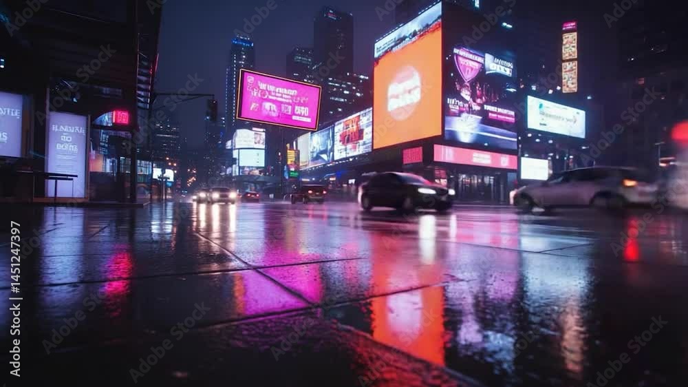 Poster cityscape at night with rain-slicked streets. illuminated billboards and advertisements reflect in t