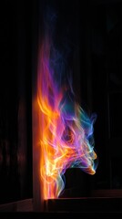 Dancing flames in psychedelic colors with dark background and negative space on left