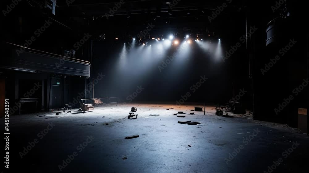 Aufkleber dark empty performance space stage with bright spotlights illuminating the center. scattered debris 