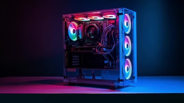 The PC glowed with vibrant RGB lighting, illuminating the room in a spectrum of colors that could be customized to match the user's mood or gaming setup.