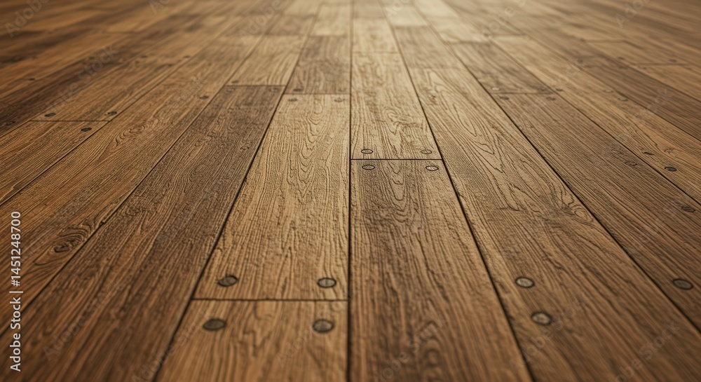 Poster rustic wooden floor planks with visible grain and fastening pegs in perspective