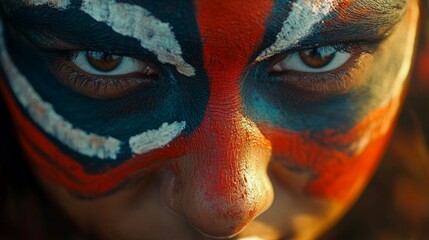 Closeup Portrait of a Woman with Intricate Red Blue and White Face Paint