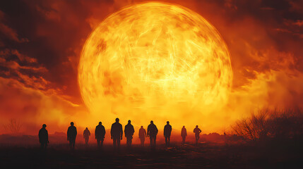 Silhouetted figures walk toward a large, luminous orb in a surreal, fiery landscape. a powerful image of community and hope. [Electric Myths] | Spark Idols | luminous figures. Illustration