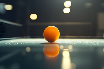 Close-up of the racket touching the ping pong ball in a tense moment of a fast and focused match