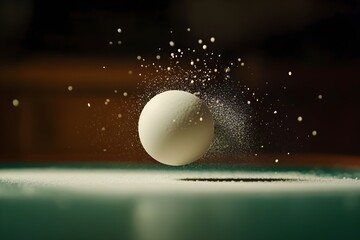 Close-up of the racket touching the ping pong ball in a tense moment of a fast and focused match