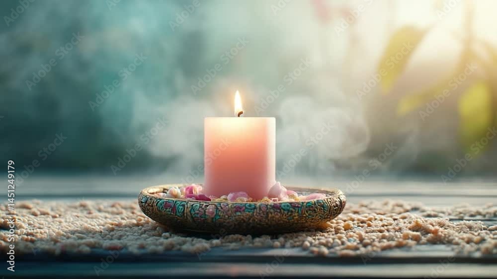Poster close-up of a lit pink candle in an ornate dish with flower petals resting on a bed of small pebbles