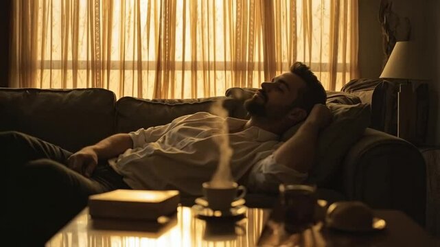 A man carefully laid the sofa in the living room, ensuring it was perfectly positioned.