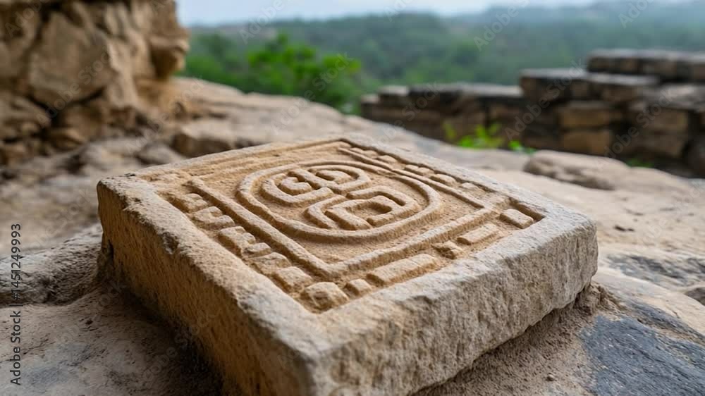 Aufkleber close-up of a carved stone tablet with an intricate design sitting atop a rocky surface against a bl