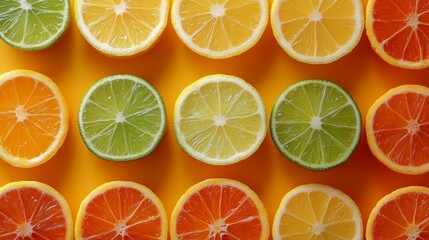 Fototapeta premium Colorful Citrus Fruit Slices on Yellow Background