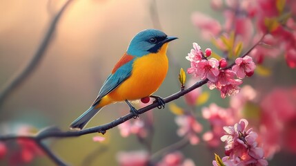 Vibrant bird perched among soft pink blossoms in the golden light of spring