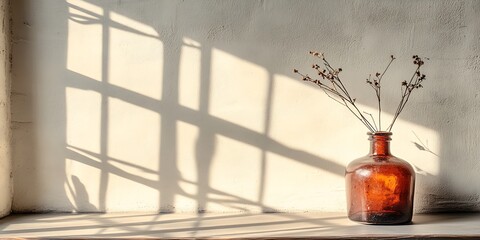 Amber glass vase with floral elements against sunlit textured wall