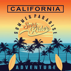 Vibrant summer-themed vector typography design featuring Los Angeles California city, beach vibes, surfing, and palm trees, with uplifting motivational slogans that evoke freedom, adventure, and a lai