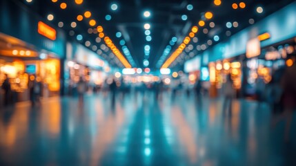 Abstract blur of bustling shopping mall or airport terminal with vibrant lights