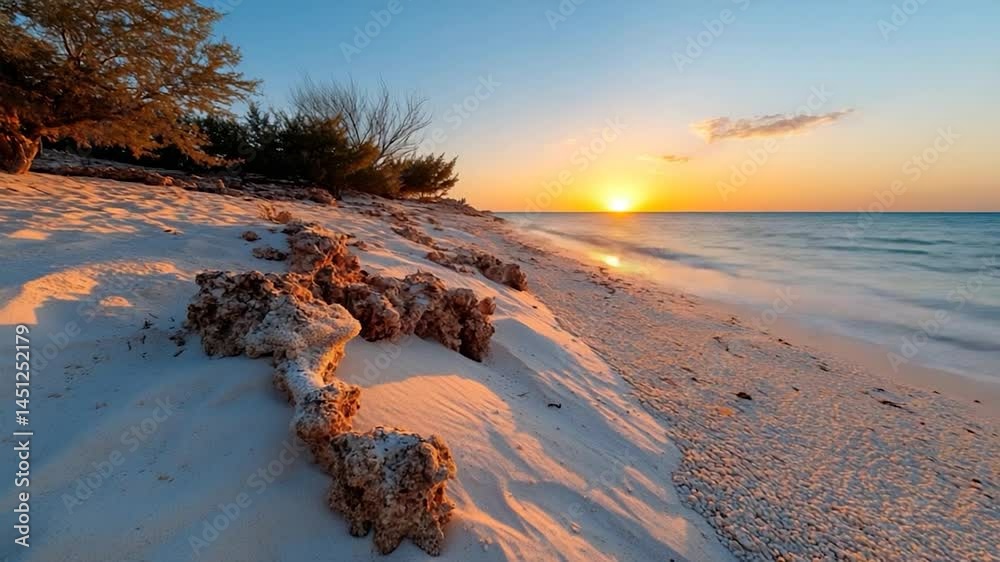 Poster scenic beach view at sunrise featuring white sand shore and turquoise water. golden sunlight illumin
