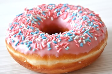 Delicious pink frosted donut with colorful sprinkles on a light background, perfect for desserts
