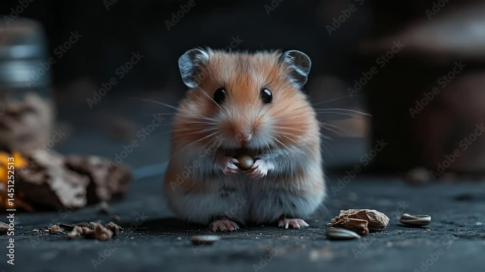 Poster cute animal with tan and white fur holding a nut. dark background with scattered seeds and rocks cre