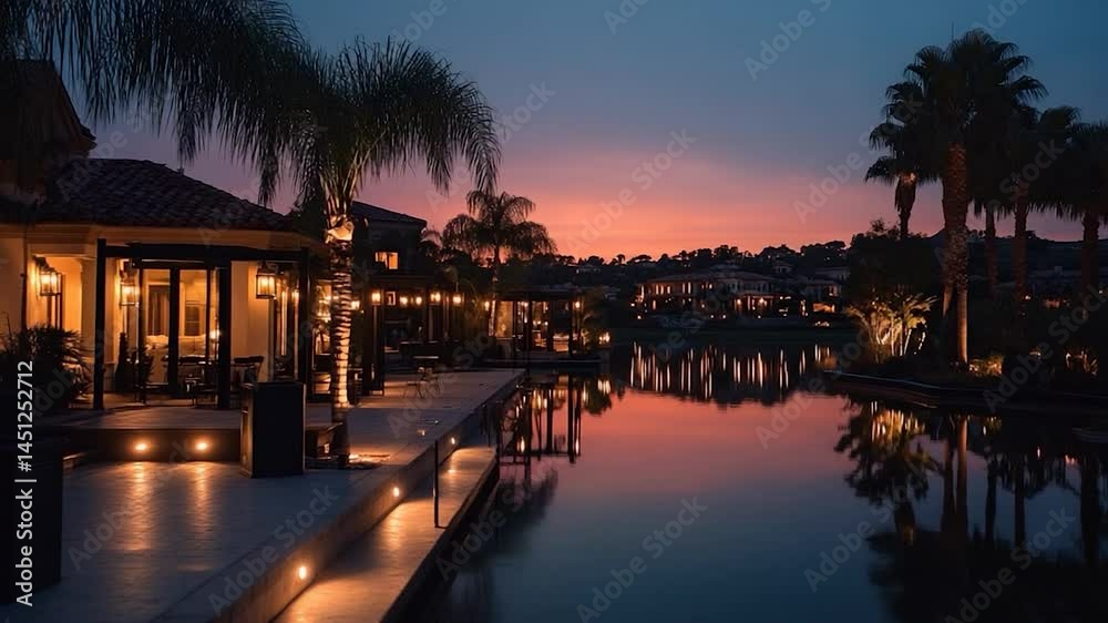 Poster evening waterfront scene showcasing a calm lake reflecting the sunset and illuminated buildings alon
