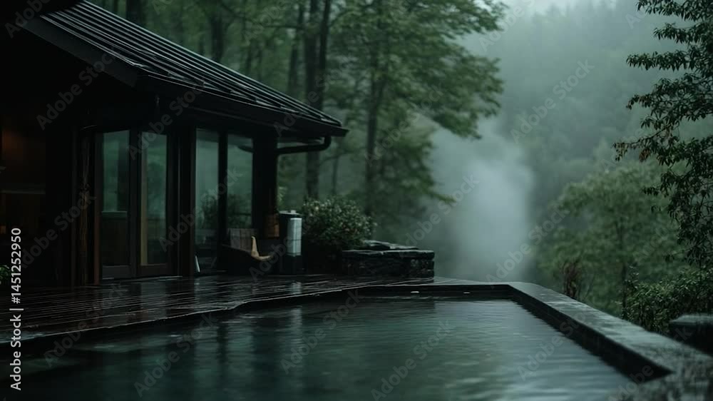 Poster lush forest and tranquil pool in misty environment. wooden deck and modern cabin with glass windows 
