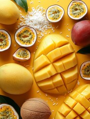 sliced mango with coconut flakes and passion fruit tropical vibes