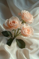 small bundle of pastel pink roses resting on smooth white fabric gentle folds creating organic shadows warm diffused lighting enhancing softness