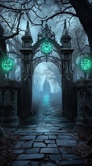A creepy castle framed by dead trees, glowing green symbols carved into its towering gates A creepy castle framed by skeletal trees, its towering gates glowing with eerie green symbols 