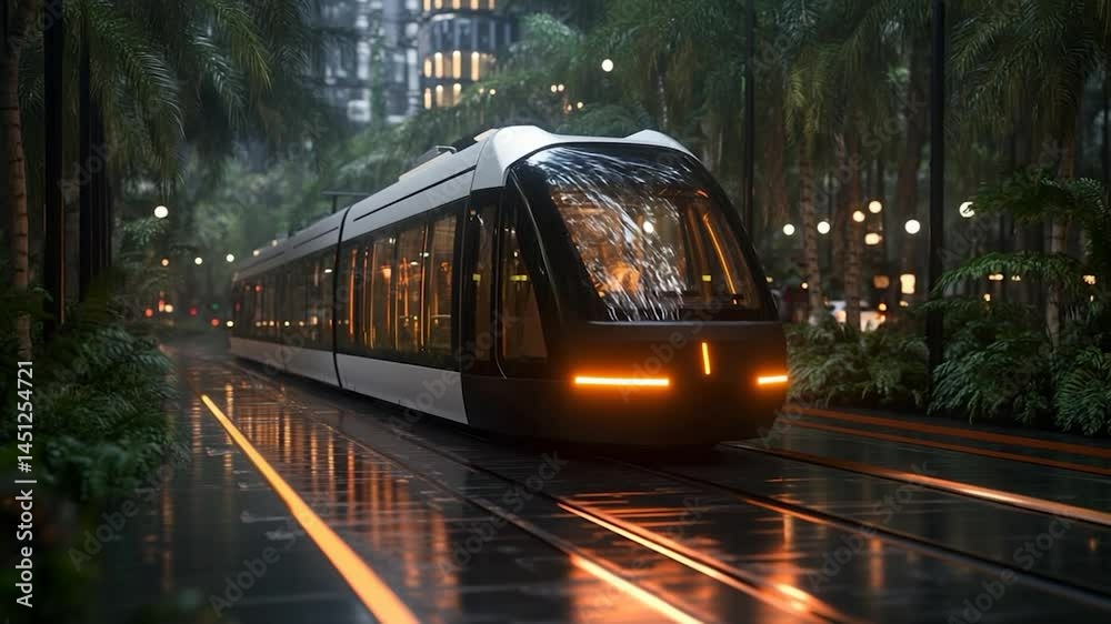 Poster modern tram travels through tropical urban environment lush greenery and reflective surfaces with il