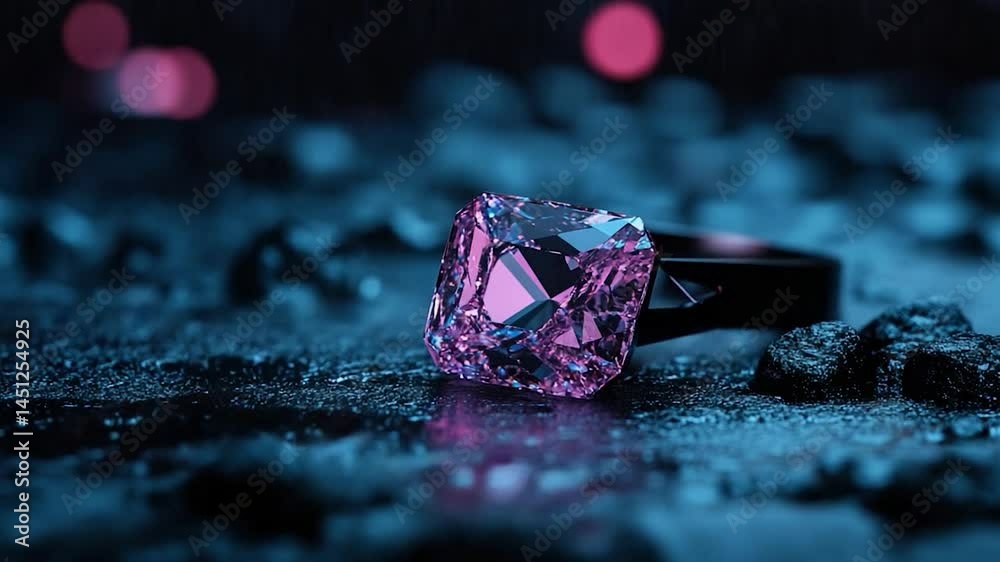 Poster close-up of diamond ring on wet surface against a dark blue background with bokeh lights, macro shot