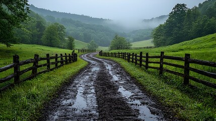 Fototapeta premium Misty mountain road with wooden fence.