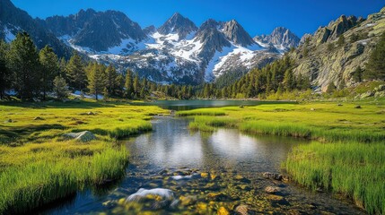 Fototapeta premium Serene Mountain Lake Landscape: A Breathtaking View of Alpine Serenity