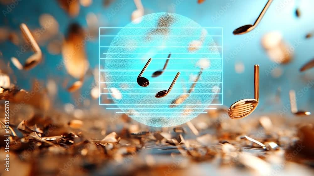 Fototapete Abstract composition of musical notes and abstract objects in gold tones against a soft blue background creates an artistic and dreamlike atmosphere