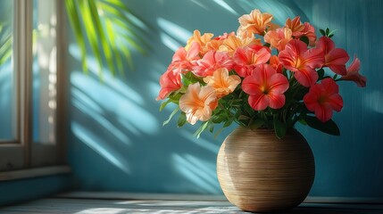 Sunlit floral arrangement in bamboo vase against serene blue wall

