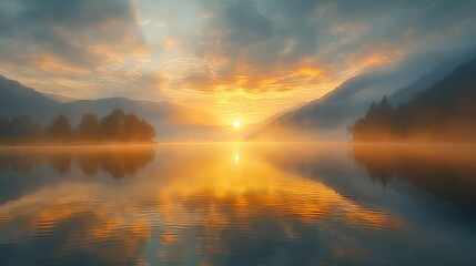 Fototapeta premium soft pastel-hued sky reflecting on a still lake golden sunrise gently illuminating the water delicate mist hovering above peaceful and serene landscape