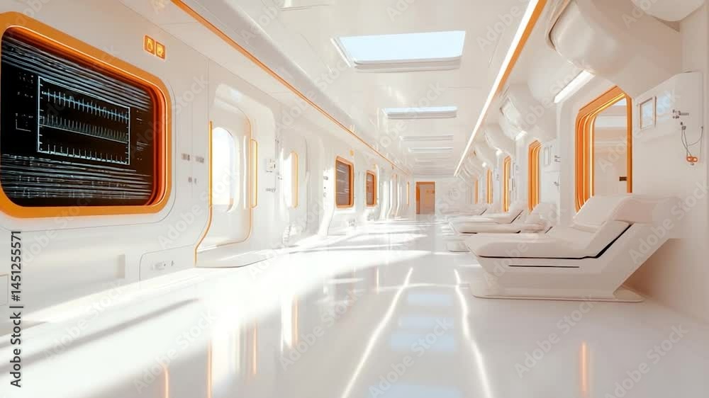 Poster futuristic interior corridor with white walls orange accents and chairs bright glossy floor and embe