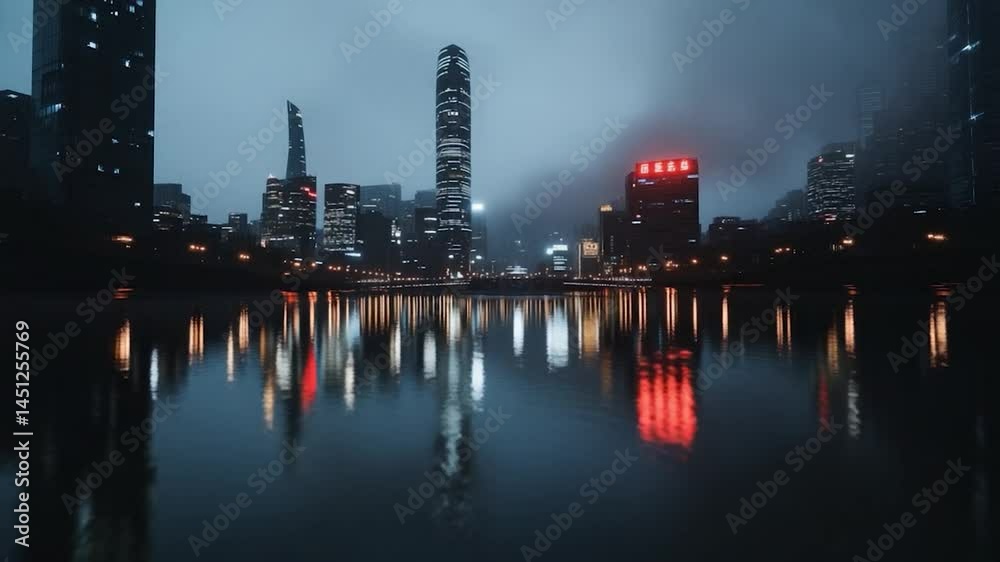 Poster generic cityscape at dusk featuring illuminated buildings reflecting on calm water under a cloudy sk