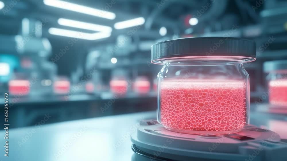 Aufkleber close-up of a glowing red liquid in a glass jar on a futuristic lab platform in a sterile environmen
