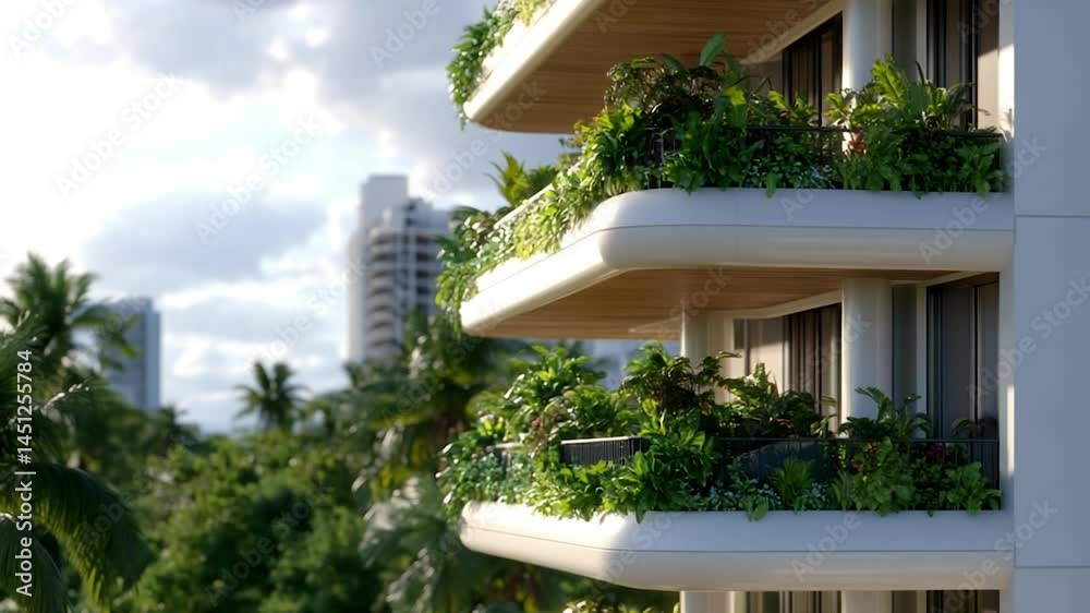 Aufkleber modern architectural detail featuring balconies with lush greenery and wood ceilings. a cityscape ba