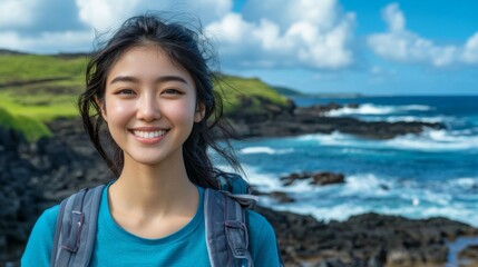 Happy Young Woman Traveler Smiling at the Ocean Coast