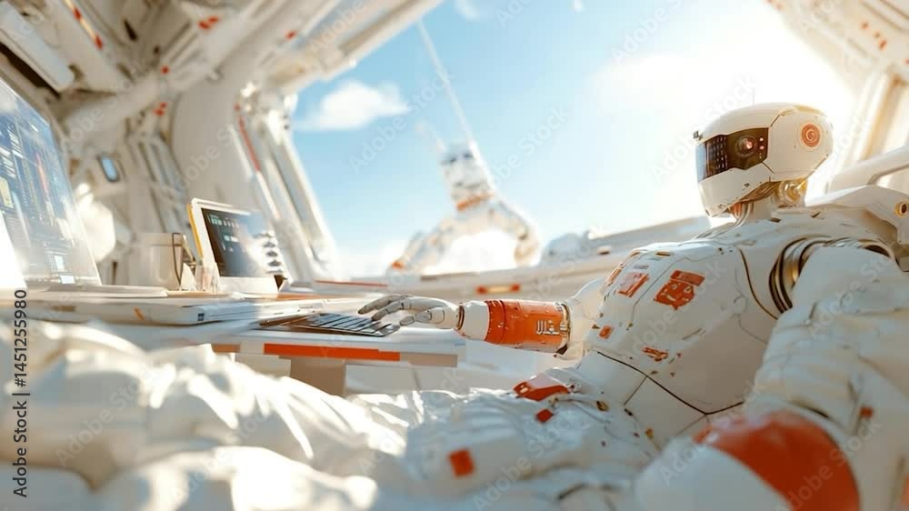 Aufkleber Futuristic robot in white and orange spacesuit working on laptop in a bright spaceship interior. Another astronaut visible through the window under a bright blue sky. 