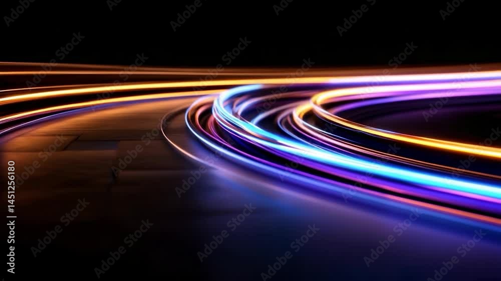 Fototapete abstract illustration of neon light trails in motion against a dark backdrop. the curves and streaks