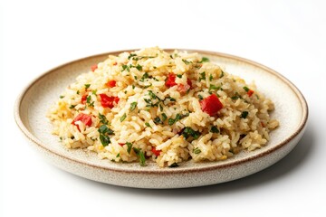 Delicious plate of fried rice garnished with herbs and vegetables, showcasing a vibrant meal